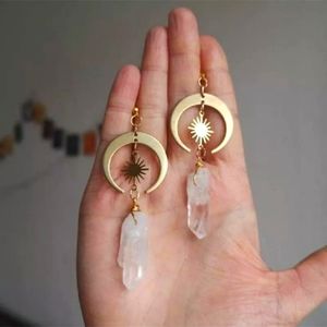 Boho Recycled Gold Metal + Crystal Celestial Hoop Crescent Chandelier Earrings